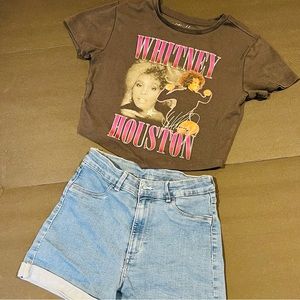 H&M Denim Shorts Size 11-12+ Black Top with Whitney Houston Graphic Size M 2pc.